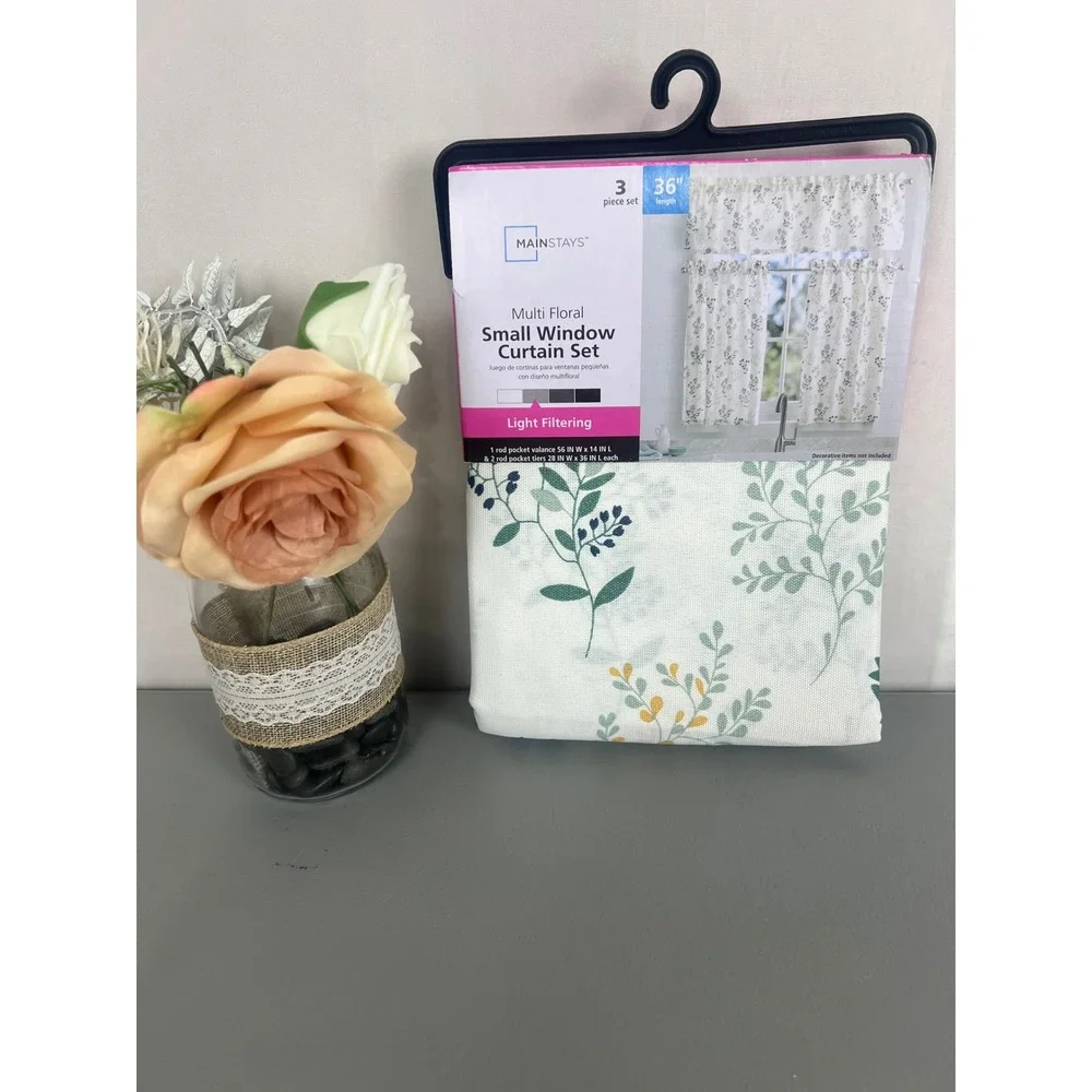 Mainstays Multi Floral 3pc Small Window Curtain Set with 2 Adjustable Rods White